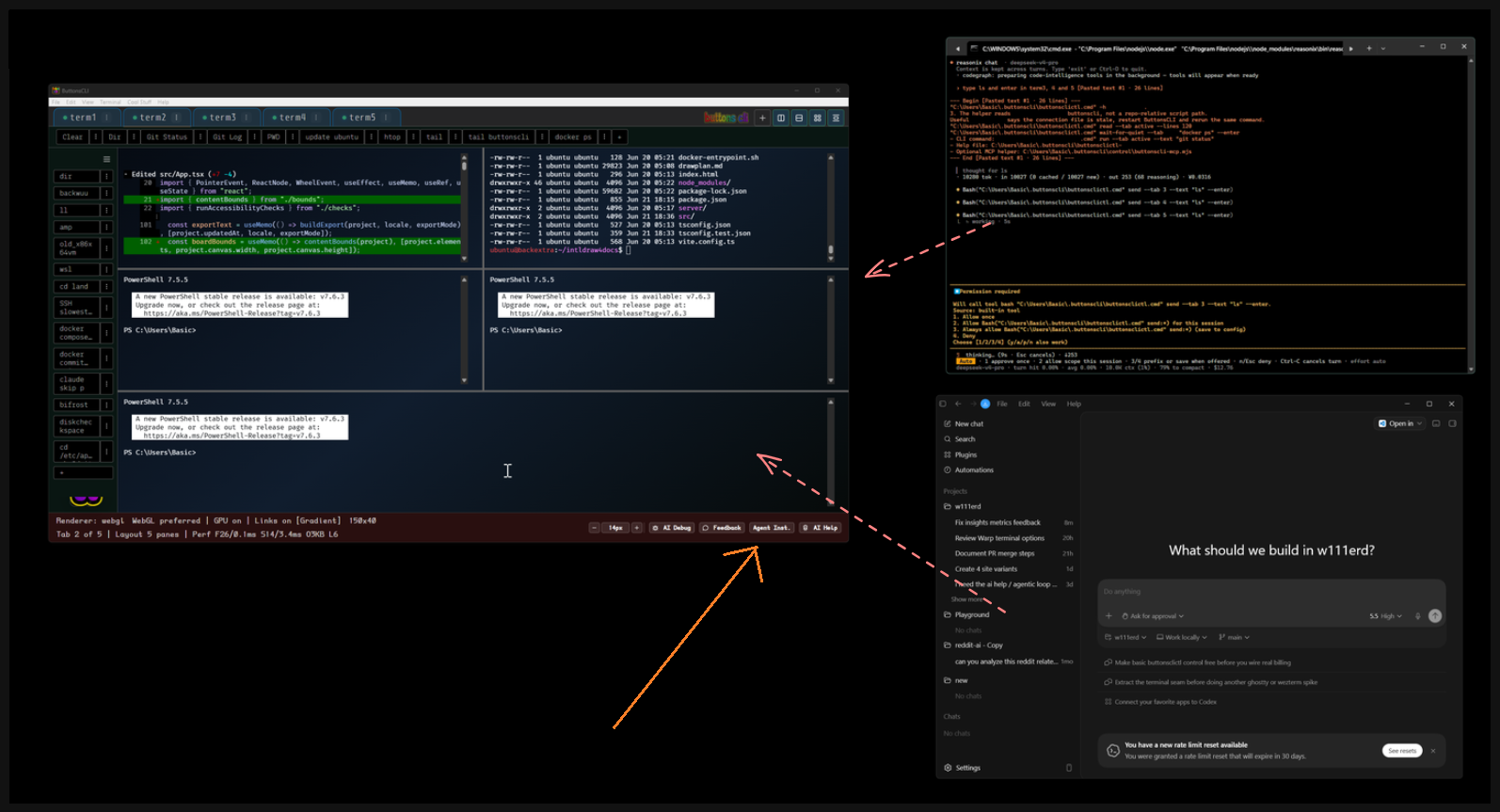 ButtonsCLI shown beside Reasonix and Codex during visible agent terminal work