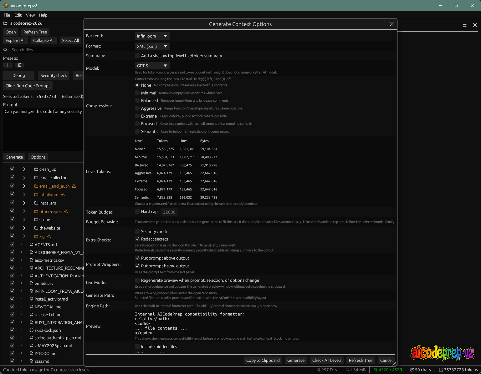 AICodePrep v2 compression comparison