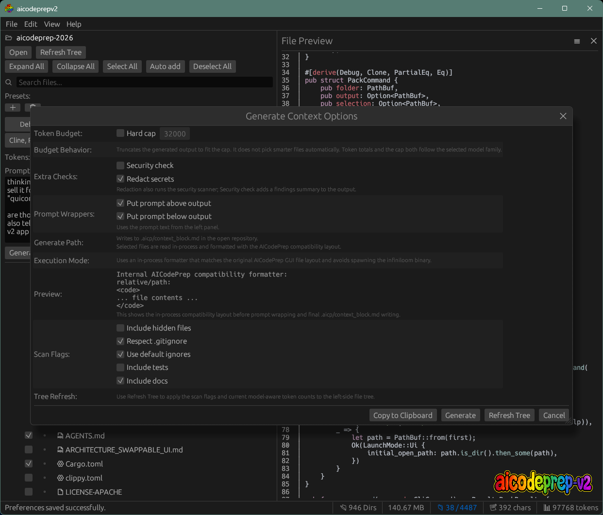 AICodePrep v2 generation options and file preview
