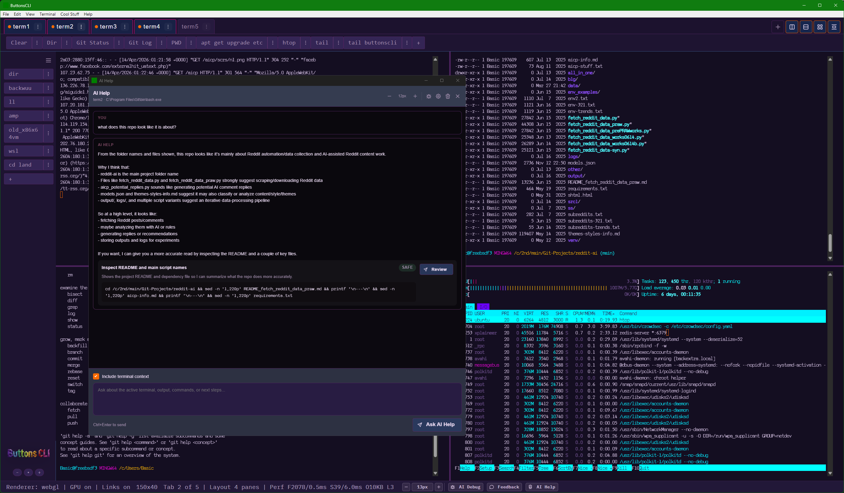 A terminal application called ButtonsCLI with a dark purple theme and a 4-pane grid layout. The left sidebar features vertical command buttons. Pane 2 displays an AI Help modal where the AI suggests reading a README file.