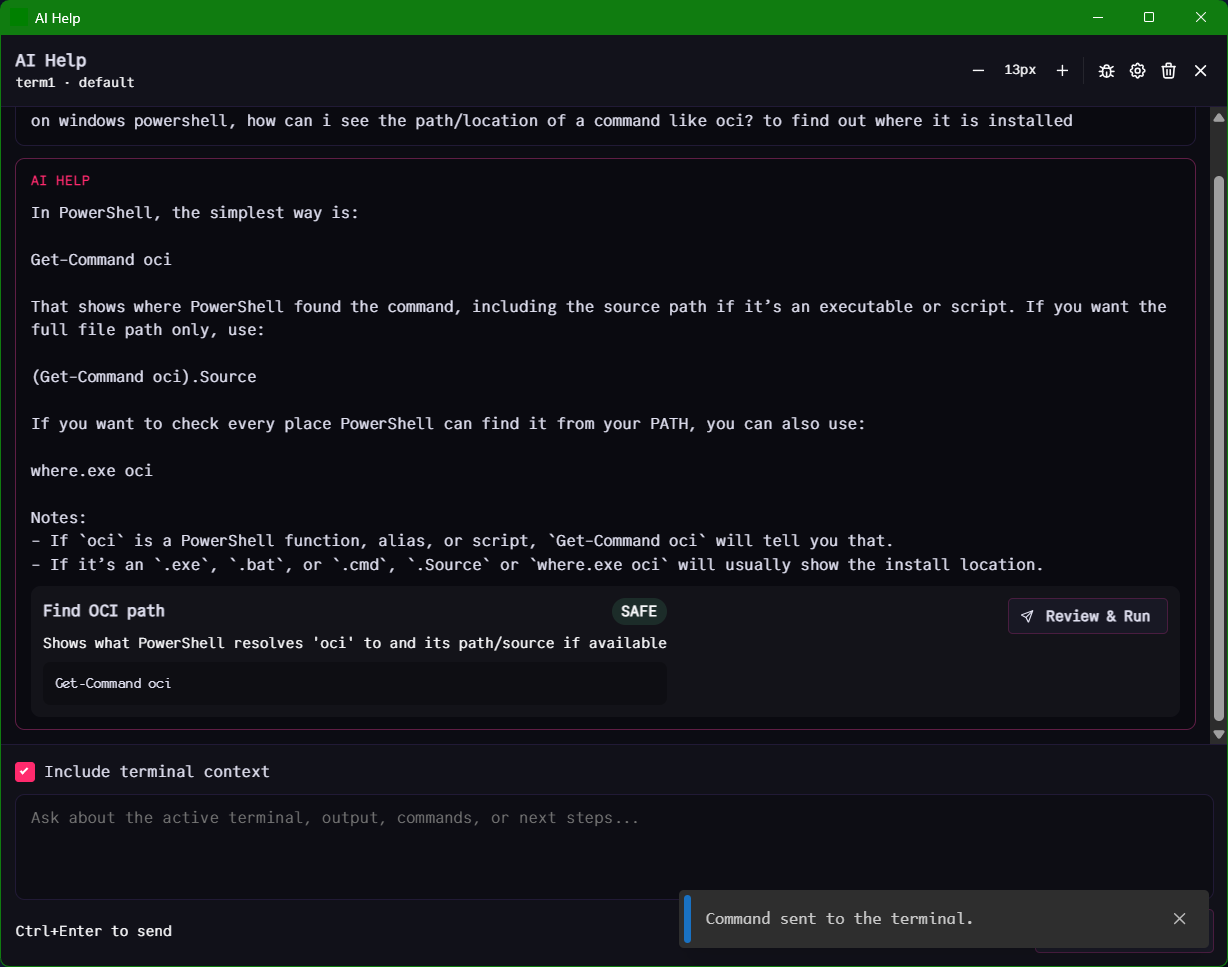 AI Help window: Get-Command oci in a SAFE command block, Review & Run button, Include terminal context checked