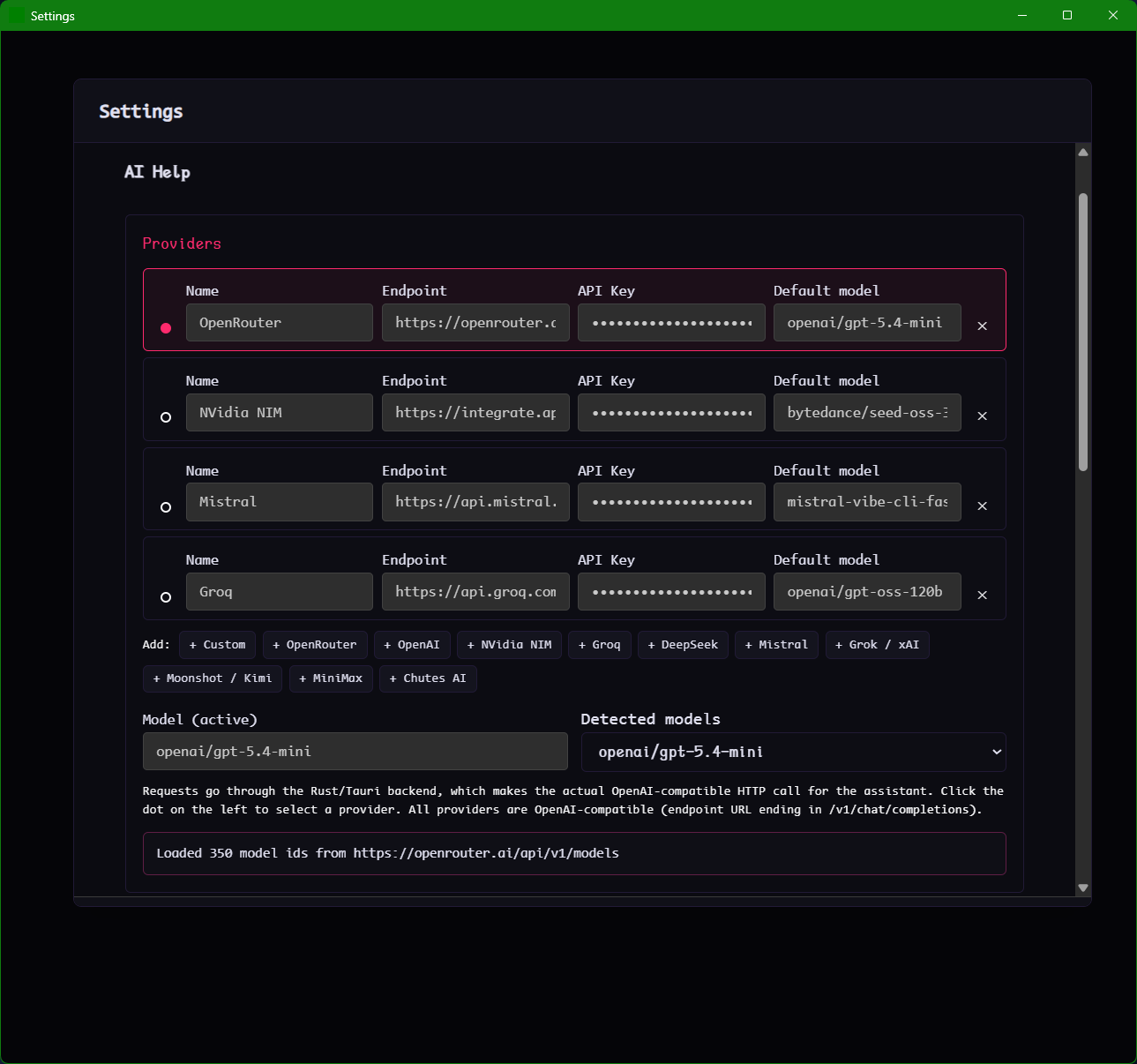A Settings window displaying the AI Help tab with configured providers like OpenRouter, NVidia NIM, Mistral, and Groq, plus endpoint, API key, and model fields.