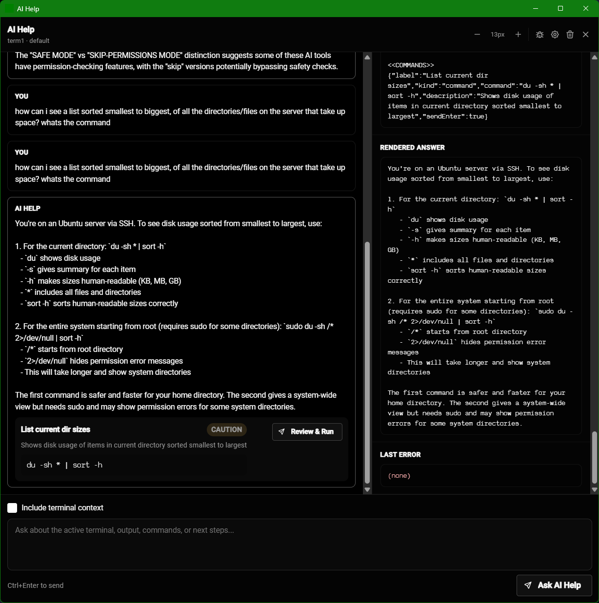 A terminal window showing an AI Help interface on the left and a debug side panel on the right with raw JSON payload and rendered markdown answer.