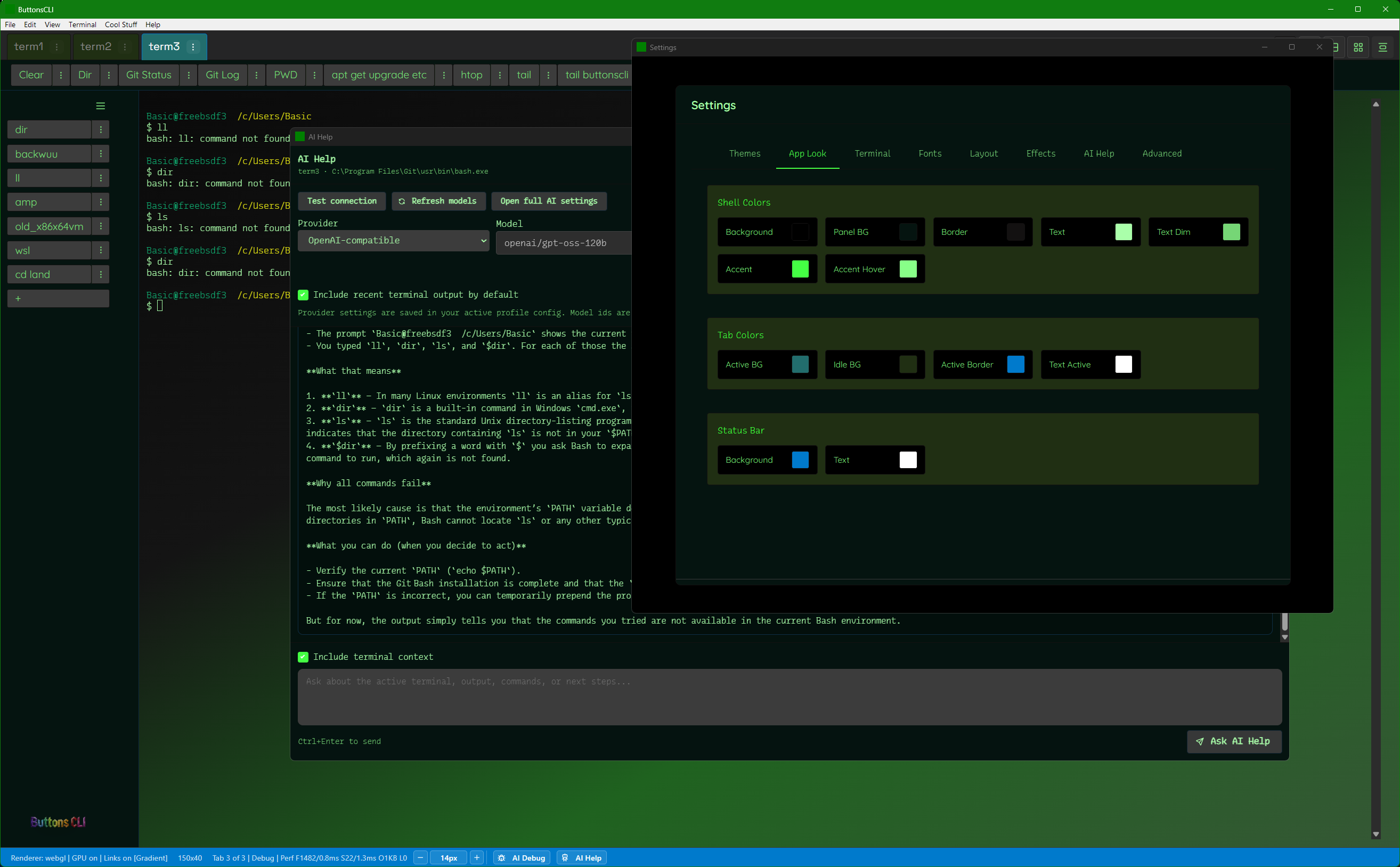 Dark green theme with Settings modal open showing Shell Colors, Tab Colors, Status Bar color pickers — neon green palette