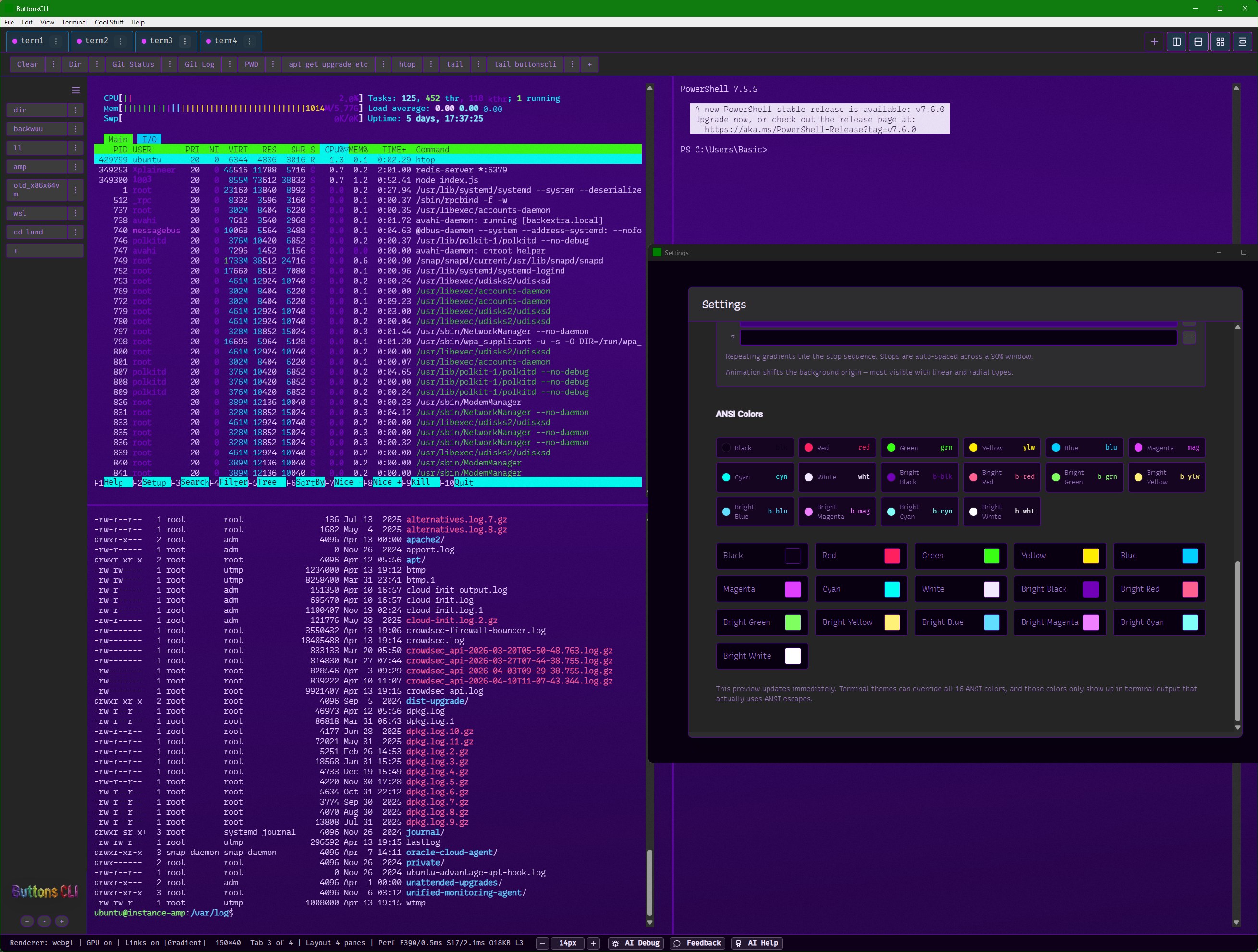 A full-screen 4-pane terminal layout with htop in one pane, a file listing in another, PowerShell in another, and ANSI Colors settings in the fourth pane.