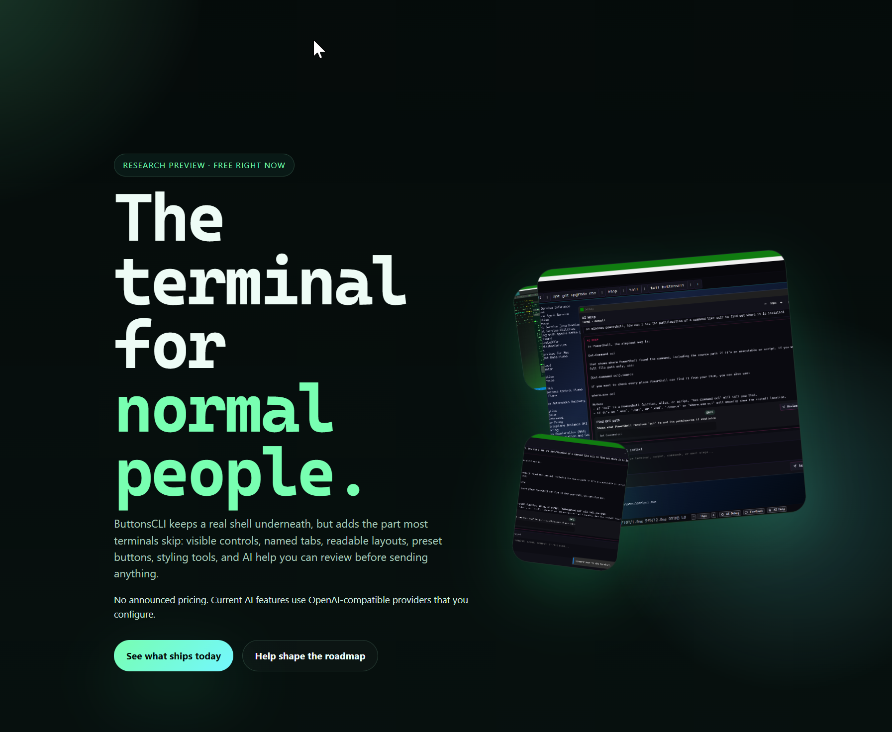 A screenshot of a browser showing an earlier landing page for ButtonsCLI with text reading The terminal for normal people and floating app screenshots.