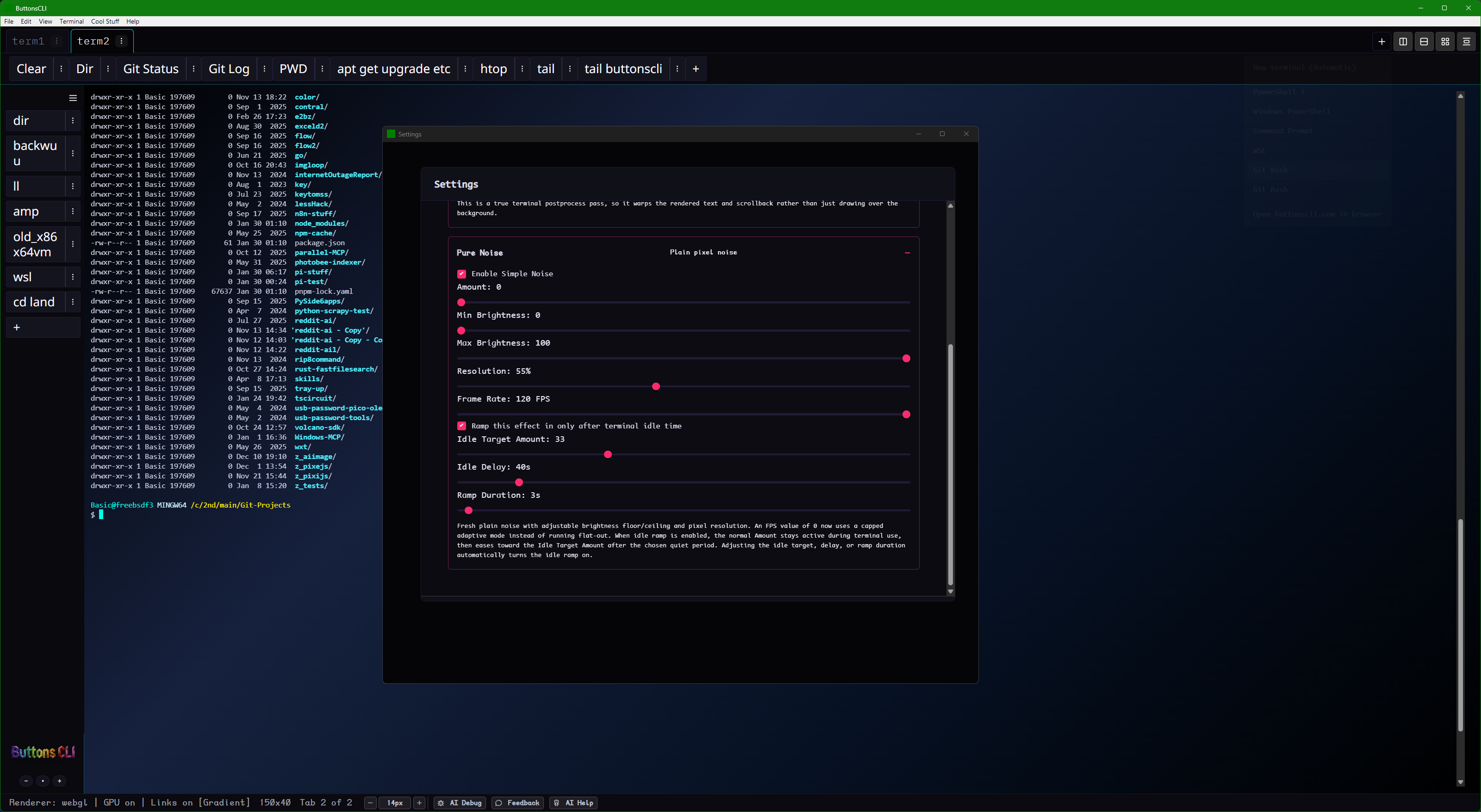 A two-pane terminal layout with a very clean dark blue grey aesthetic and a Pure Noise settings window with bright pink slider thumbs.