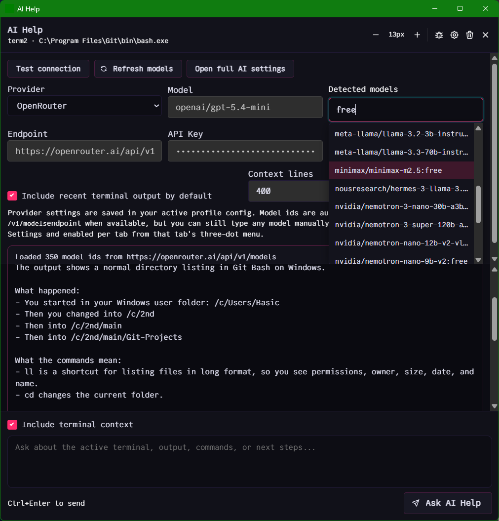 An isolated view of the AI Help settings with a detected models dropdown filtered by the word free, showing free model options.