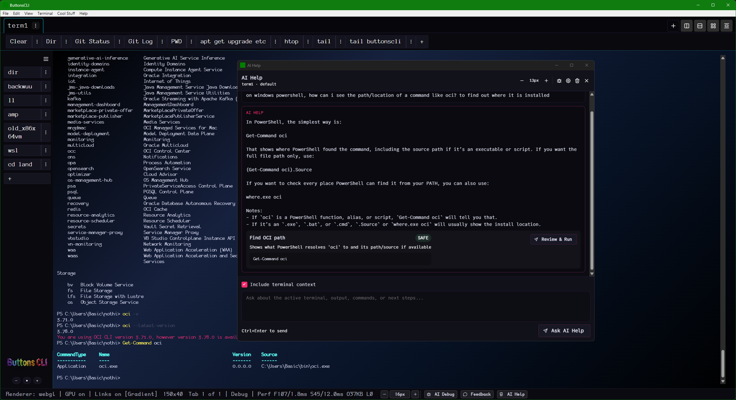 Terminal with AI Help window open, showing a SAFE command Get-Command oci with Review & Run button