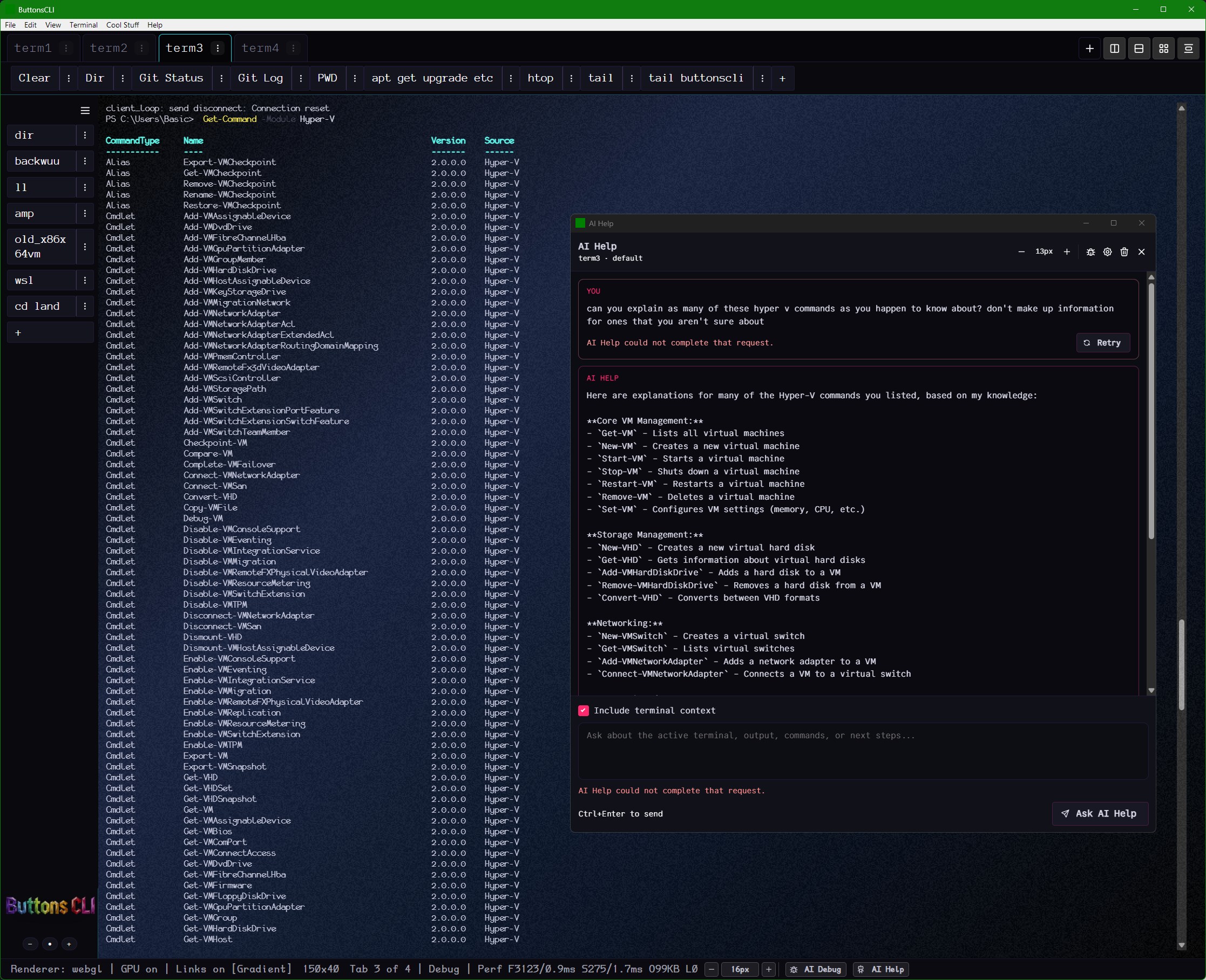 A full four-pane terminal view with a long list of Hyper-V cmdlets in one pane and AI Help on the right providing categorized explanations of the commands.