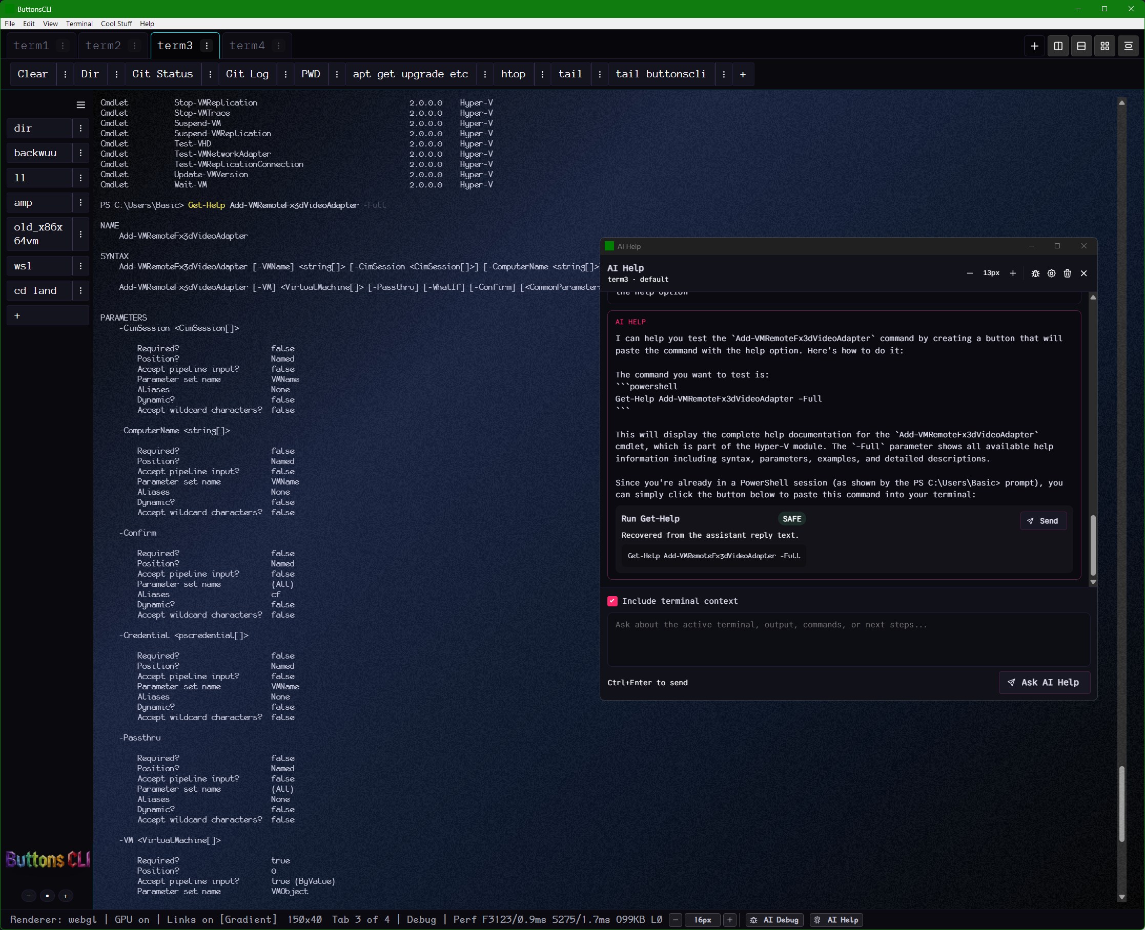A four-pane terminal layout where AI Help offers to create a button for a PowerShell command in a SAFE command block.