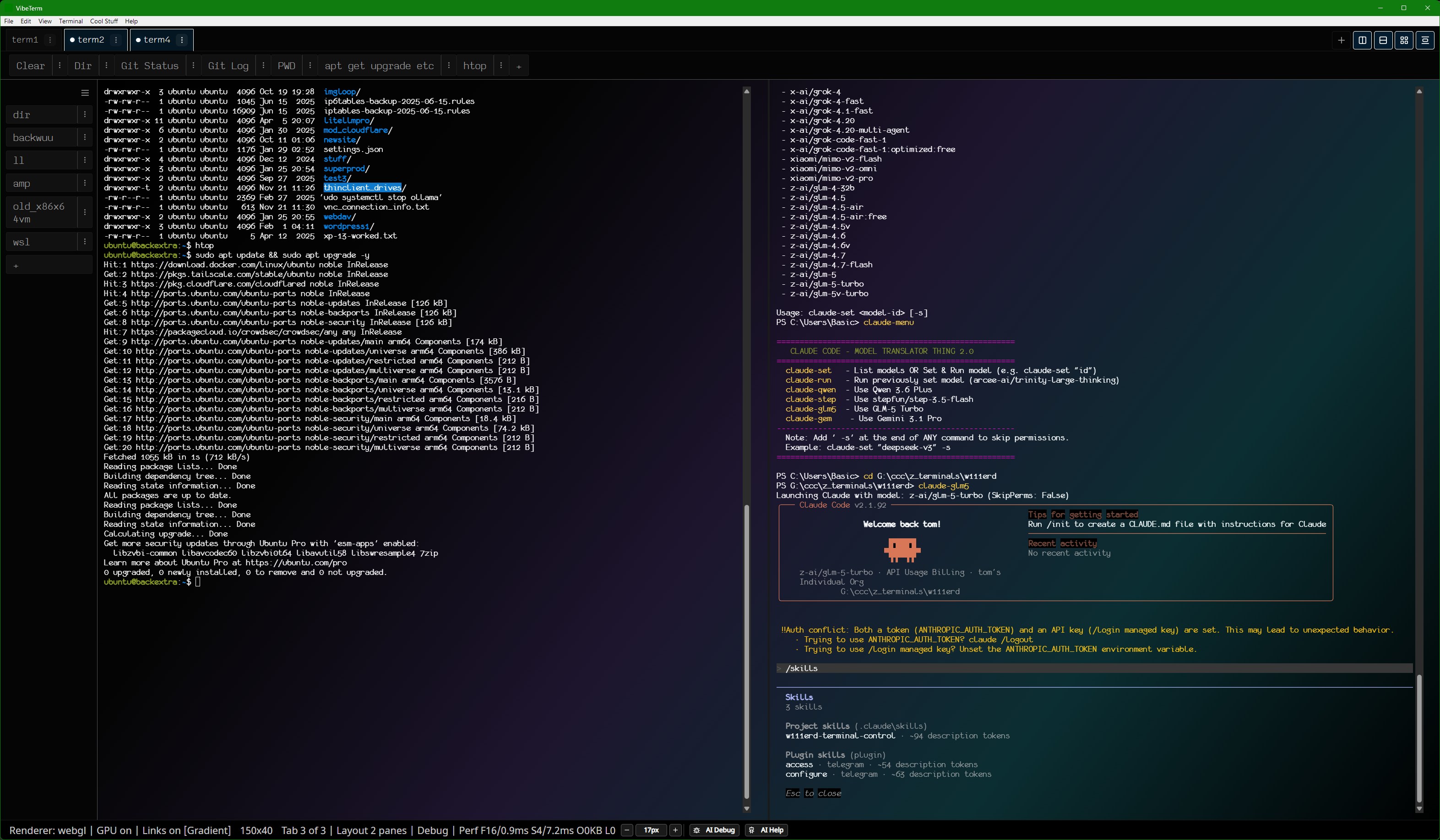 A two-pane terminal layout with apt update running on an Ubuntu server in one pane and a claude-menu interface listing AI model options in the other pane.
