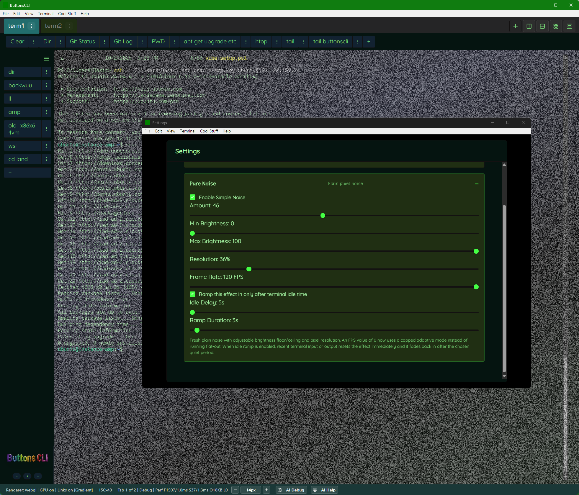 Terminal with heavy TV static noise overlay on an SSH session, Settings window showing Pure Noise config with neon green sliders