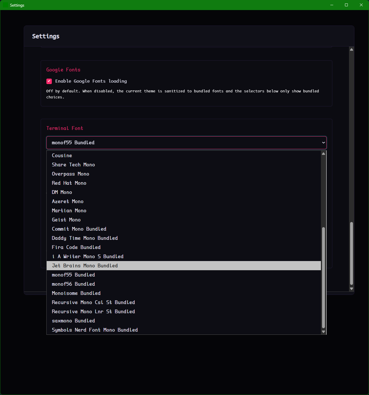 An isolated view of a Settings window focusing on the Terminal Font section, with a dropdown expanded showing numerous font options and a checkbox to enable Google Fonts loading.