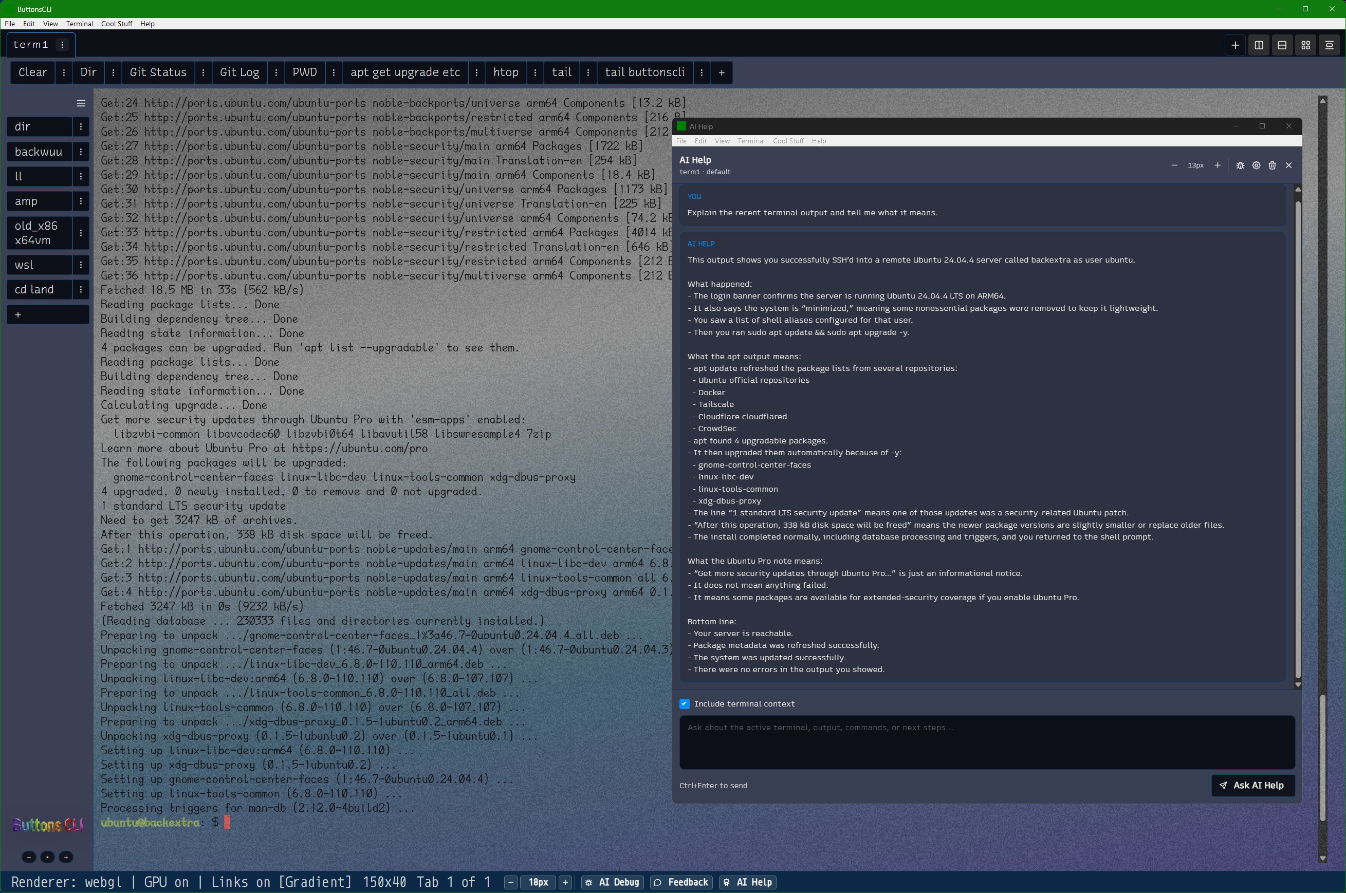 A full-screen single-pane terminal featuring a mild light mode theme with an AI Help window floating on the right explaining apt upgrade output.