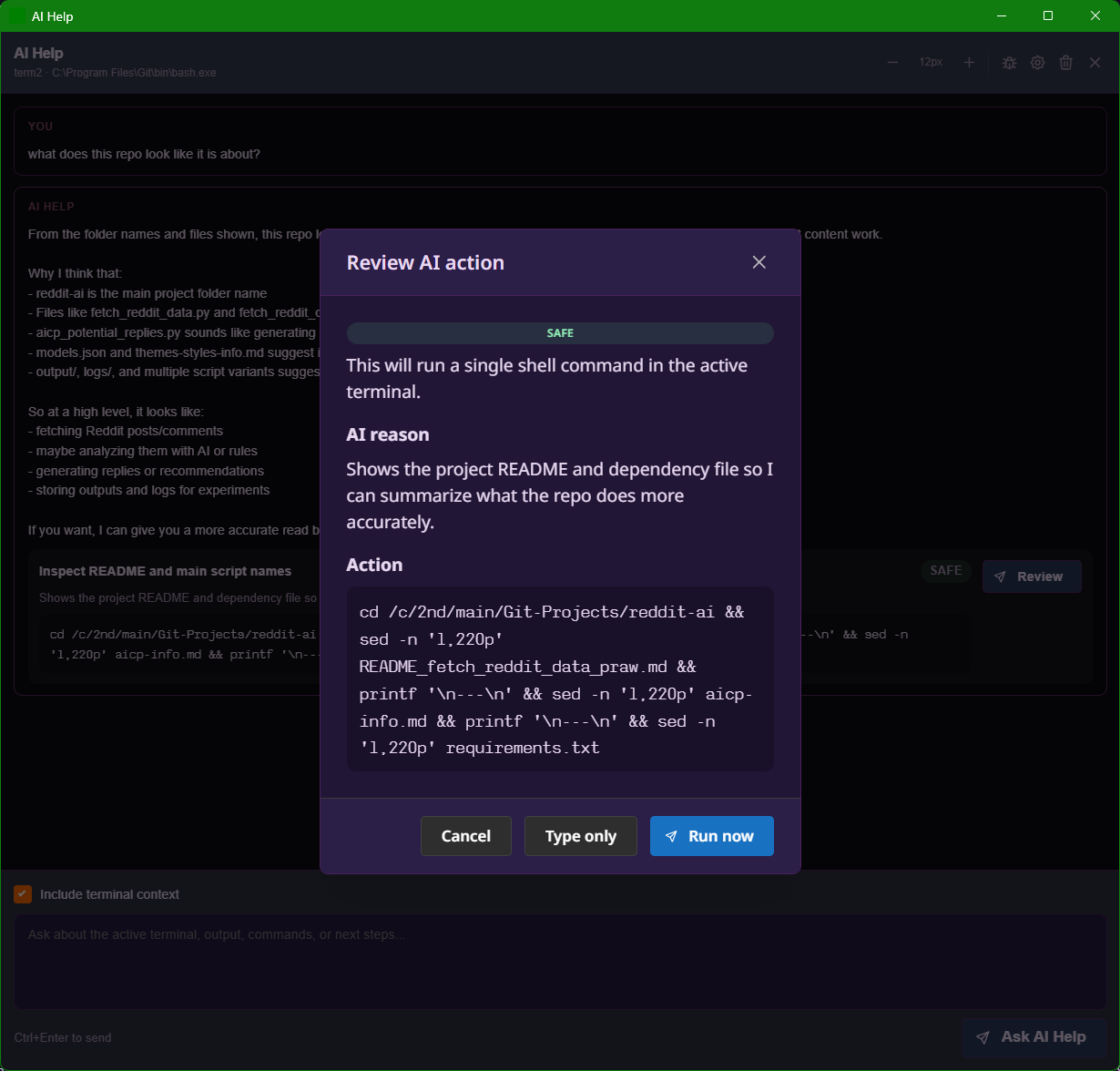 Review AI action modal showing AI reason, complex bash command, CAUTION badge, Cancel / Type only / Run now buttons — dark green theme