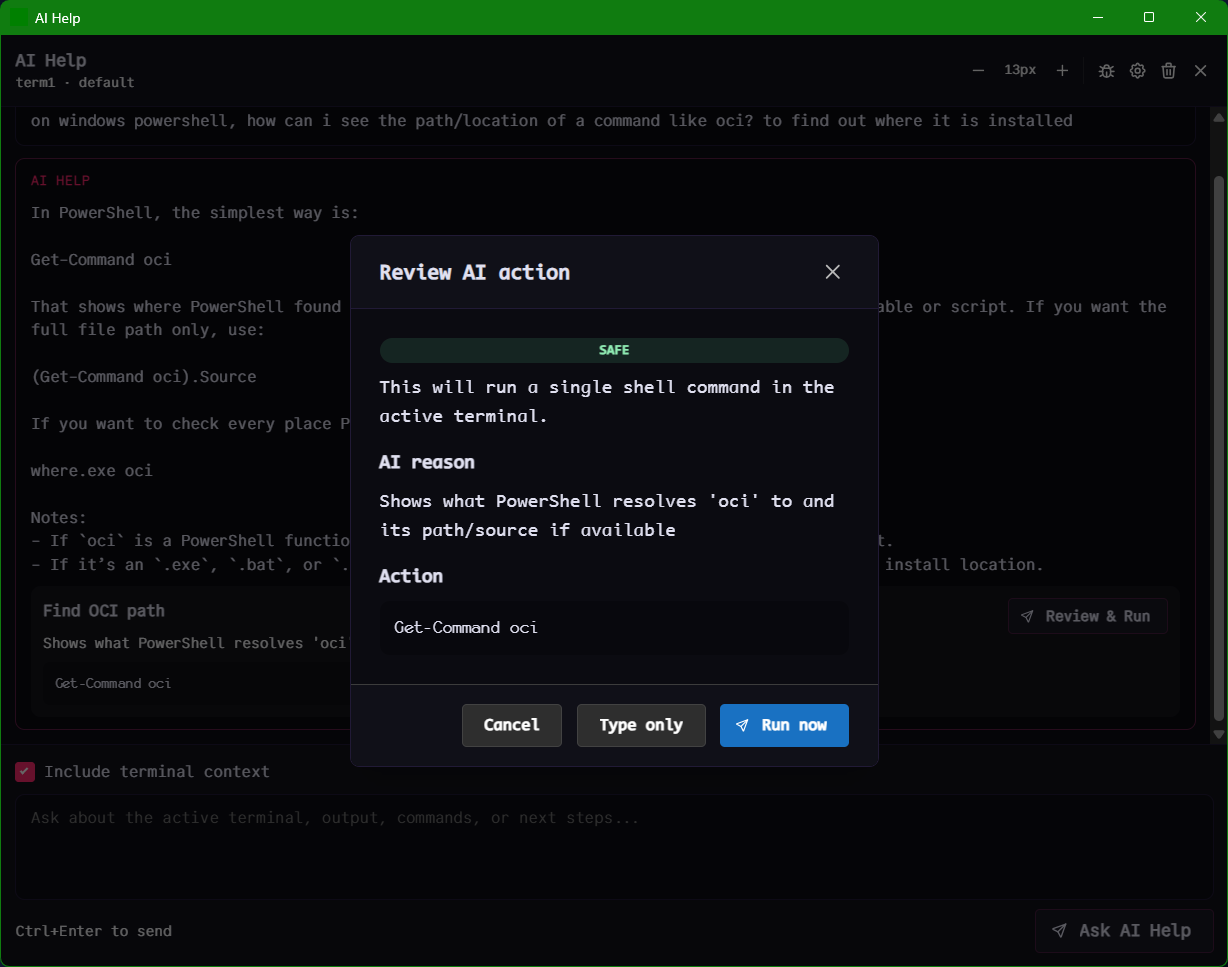 A screenshot of the AI Help window with the Review AI action modal overlaid, displaying a SAFE badge and a simple Get-Command oci action with Cancel, Type only, and Run now buttons.