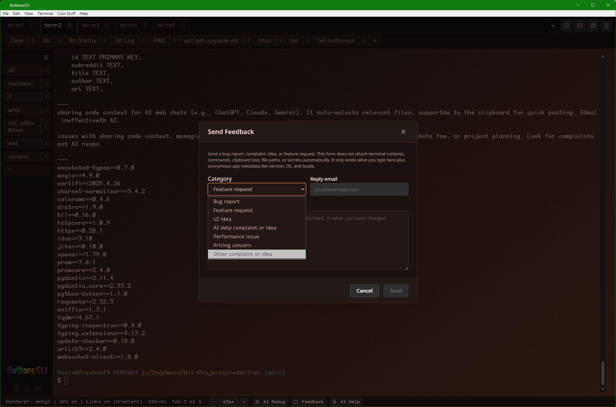 A Send Feedback dialog box with a dark brownish-orange theme, showing category dropdown, reply email field, and message text area.
