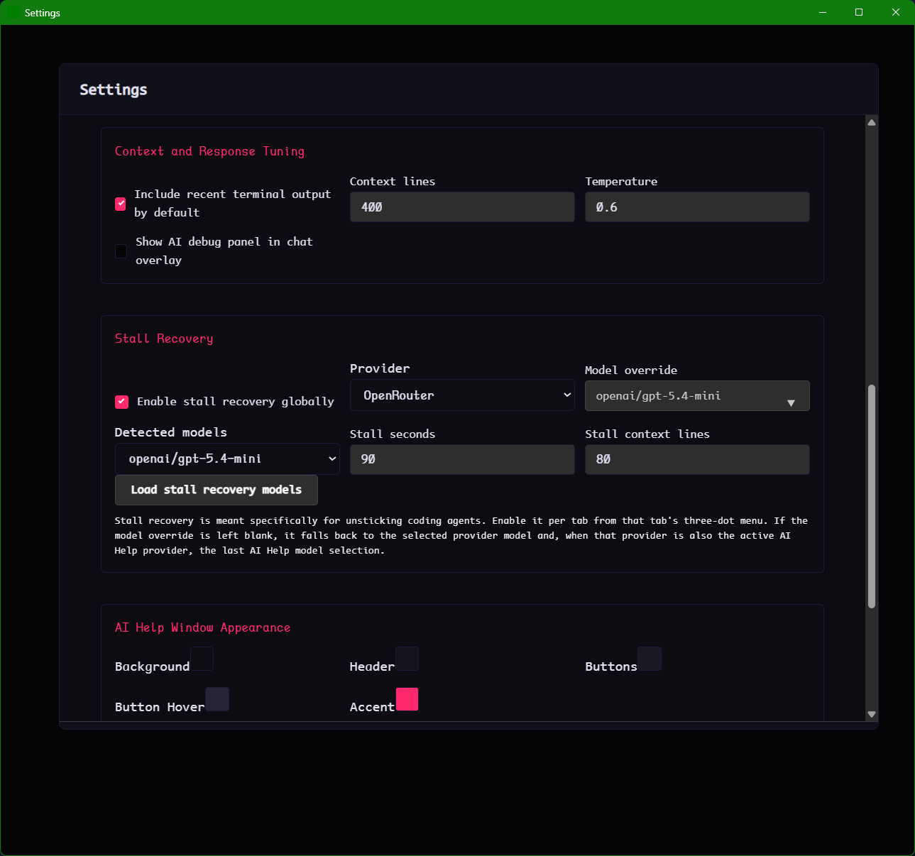 A Settings window showing Context and Response Tuning plus Stall Recovery options like provider selection, model overrides, stall seconds, and context lines.
