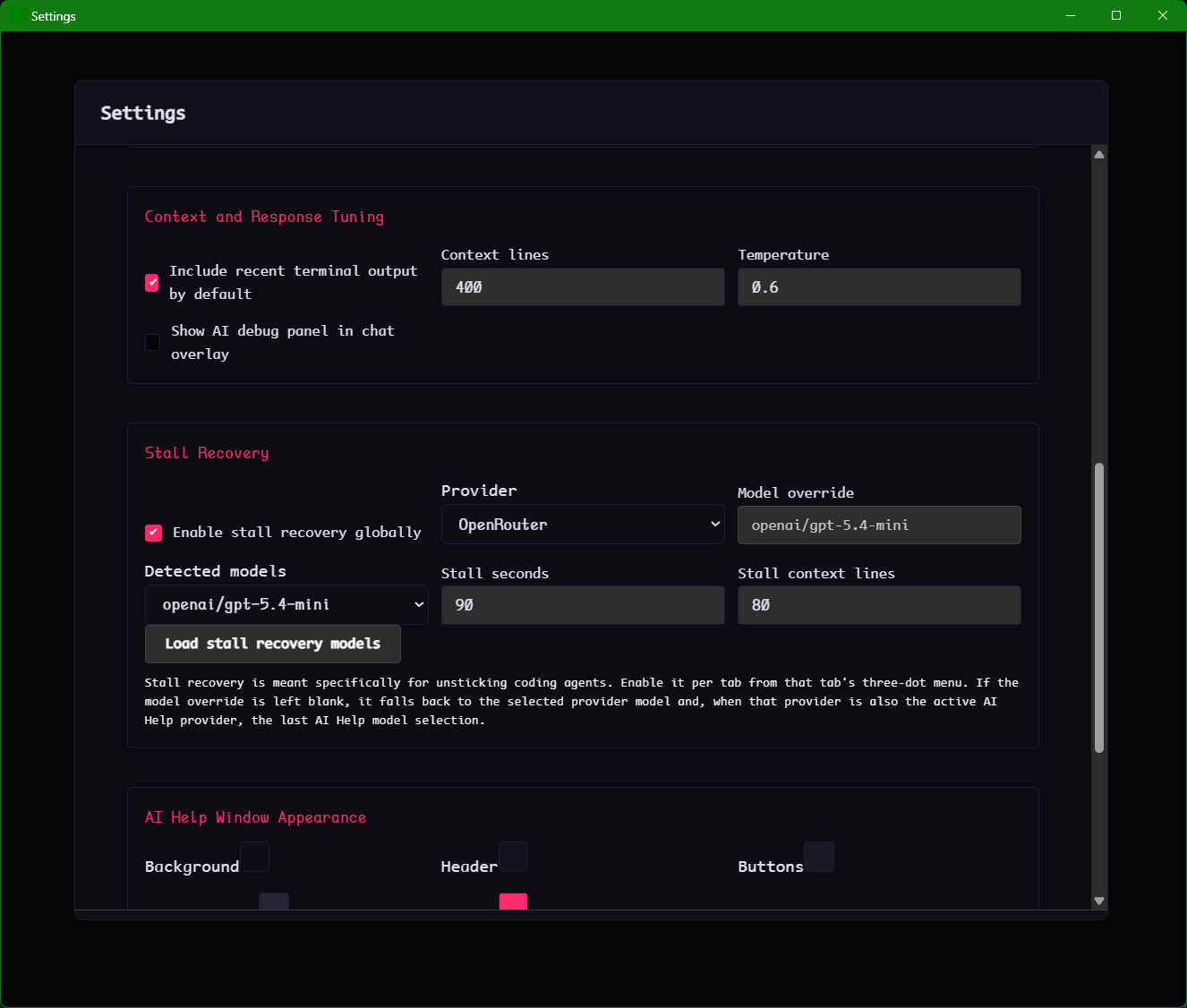 A stall recovery settings page showing an open detected models dropdown with openai/gpt-5.4-mini selected.