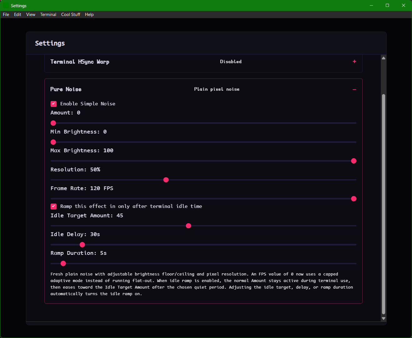 A Settings window focused on Pure Noise configurations, highlighting sliders for Idle Target Amount, Idle Delay, and Ramp Duration.