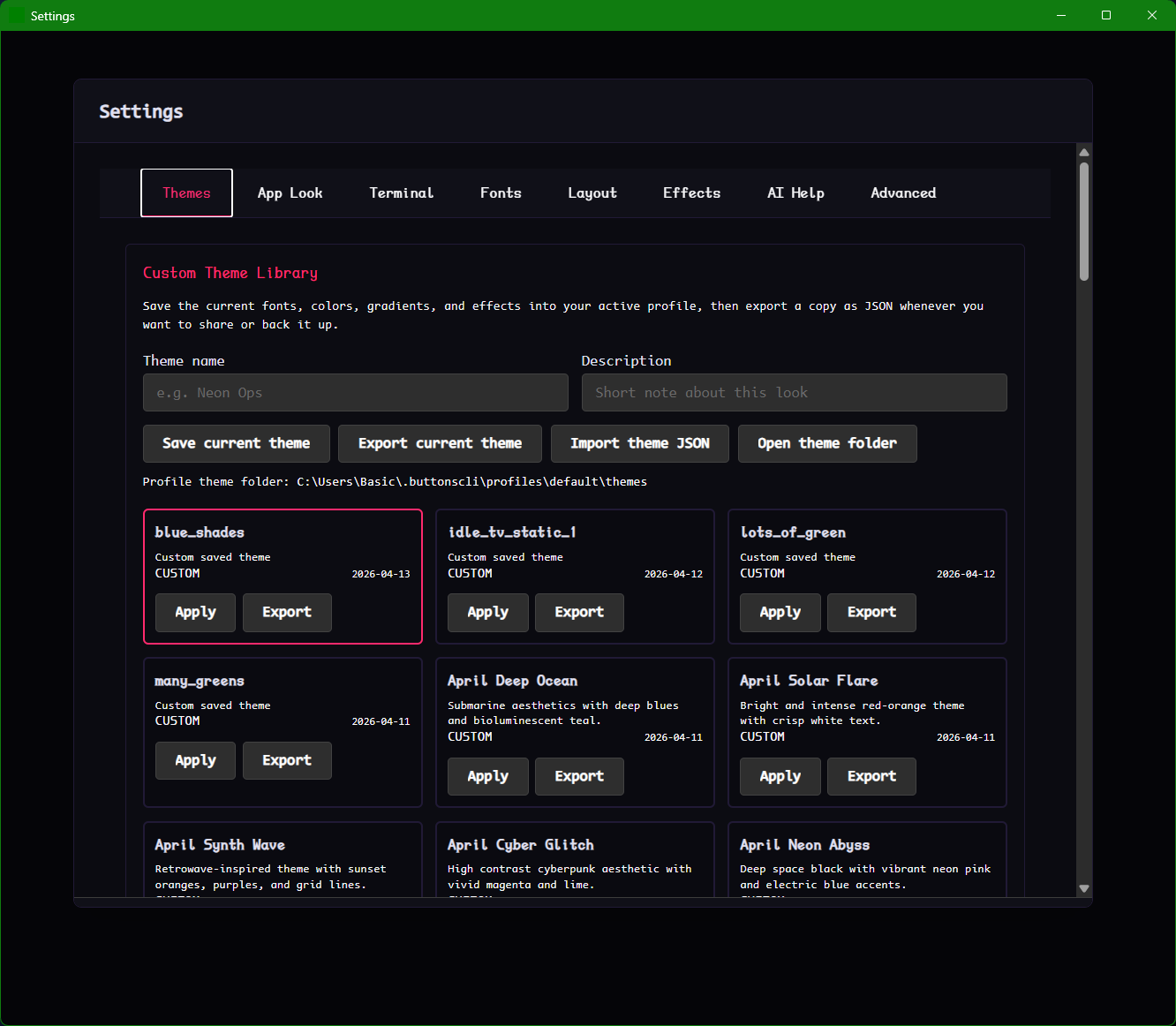 A Settings window showing the Themes tab with a Custom Theme Library and saved theme cards offering Apply and Export buttons.